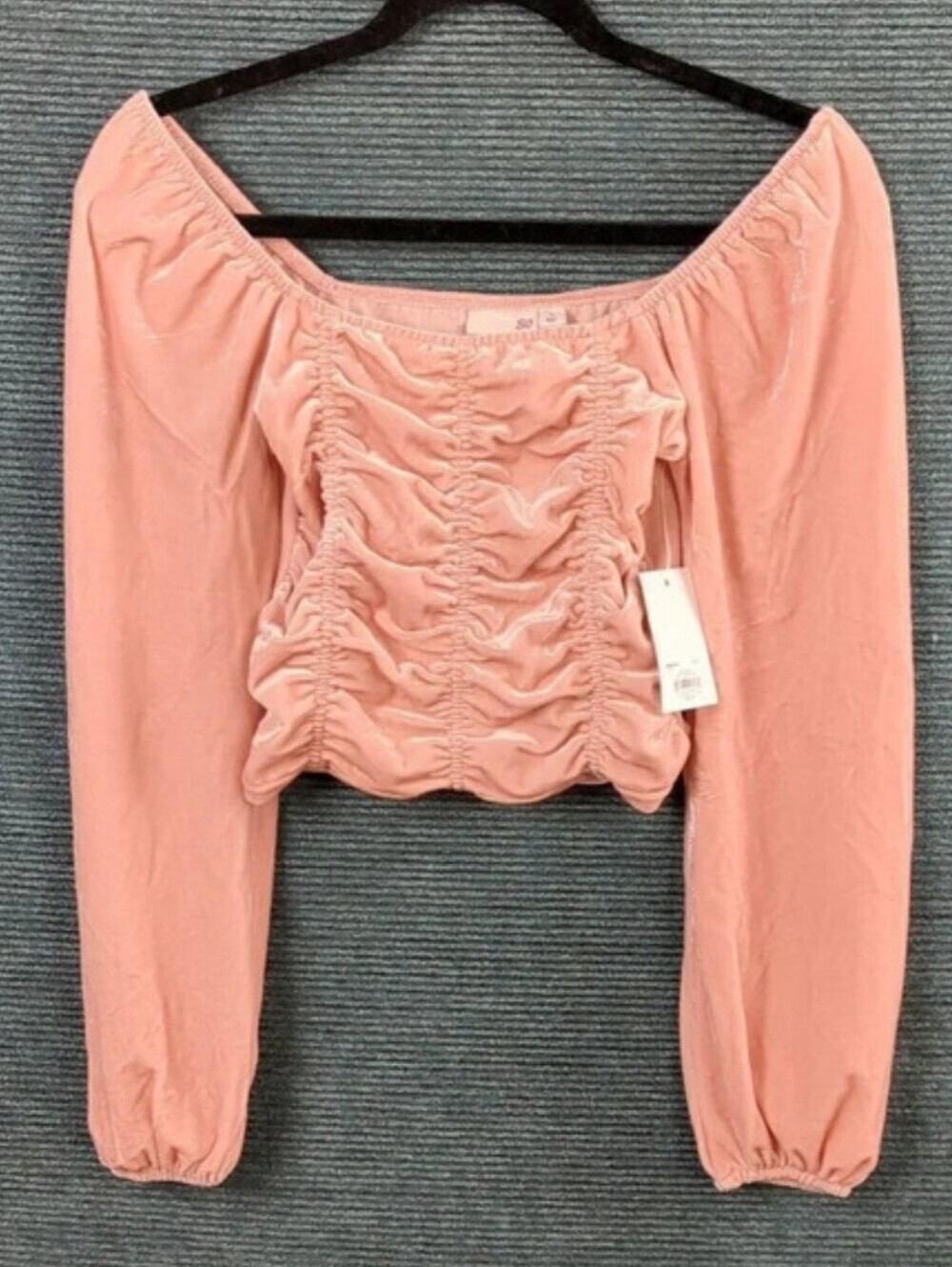 Barbie Pink Velvet Long Sleeve Ruched Crop Top, Square Neckline Juniors